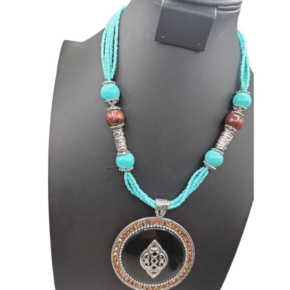 Faux Turquoise Large Pendant Necklace Runway Style Silver Tone 21" Beaded Chain - Picture 4 of 16